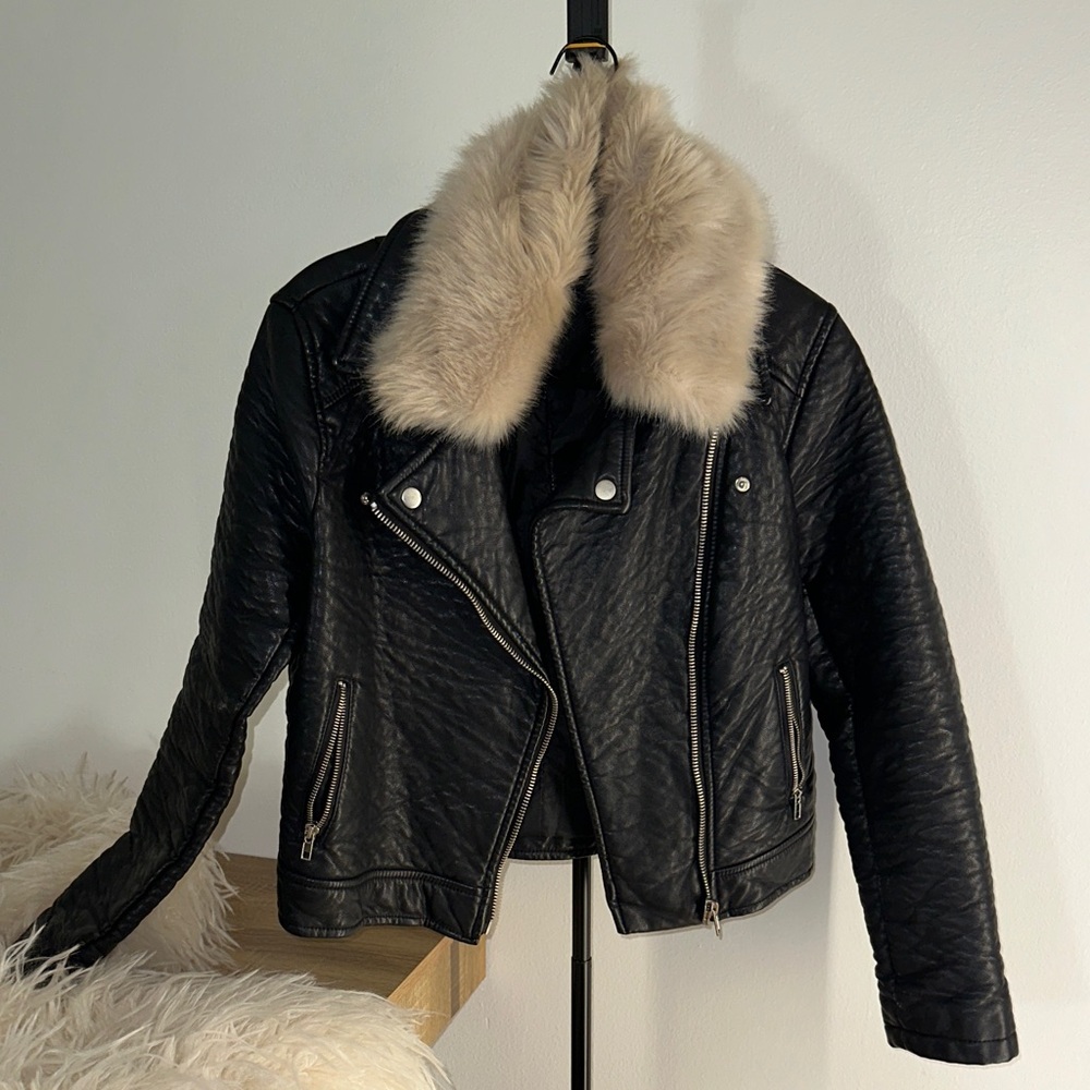 Black Leather Jacket with Faux Fur Collar